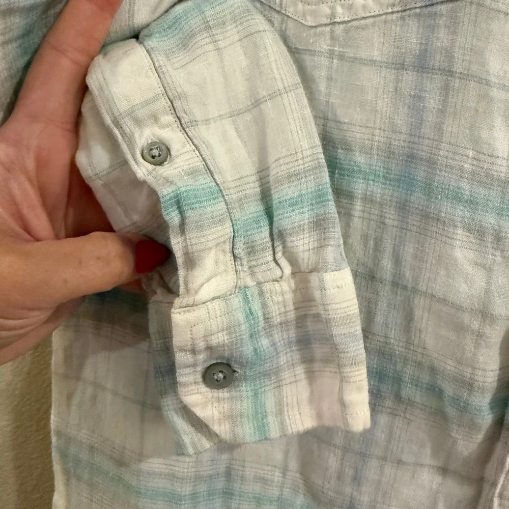 Banana Republic Button Up Shirt Men Large White Teal Plaid Linen Epaulets Beachy
